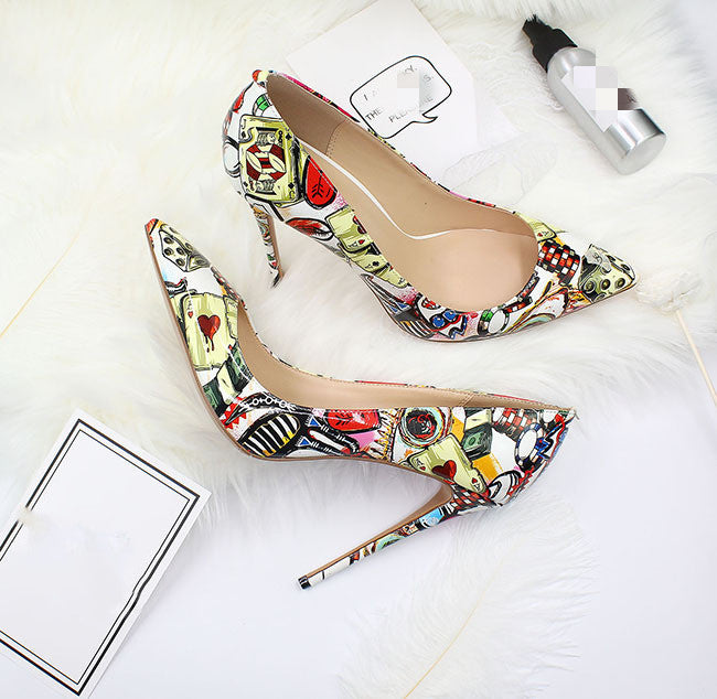 colorful art collage high heel pumps