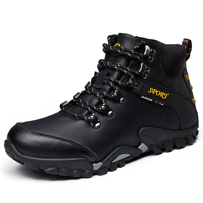 black leather with gold sport logo hiking boots