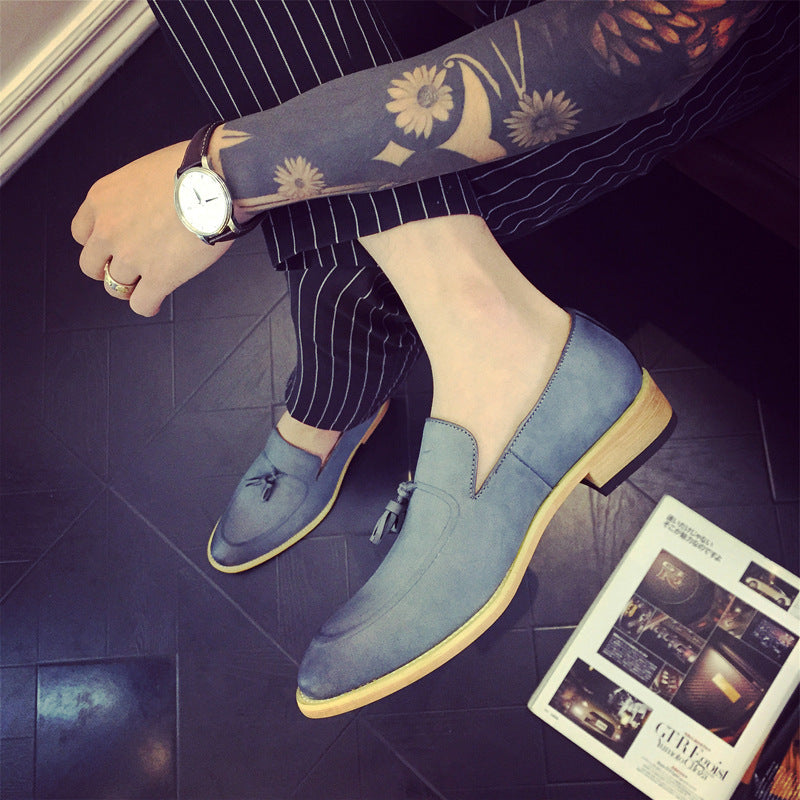 blue leather tassel loafers