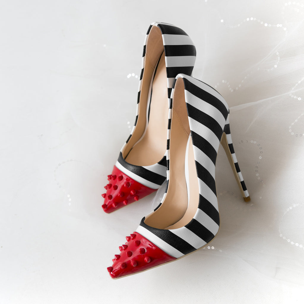 black white stripe red toe high heels