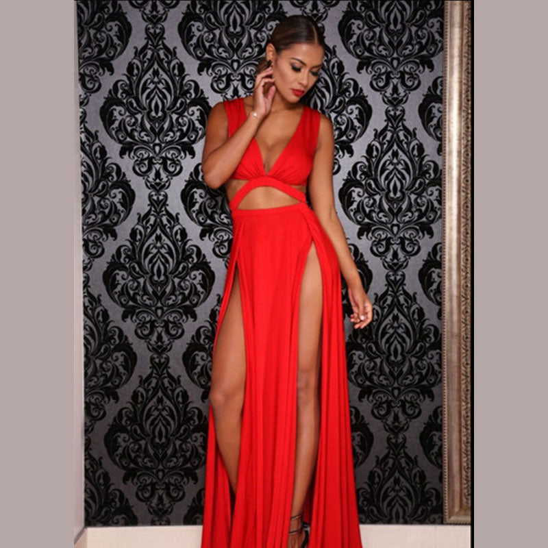 deep open v chest double thigh slit long red dress