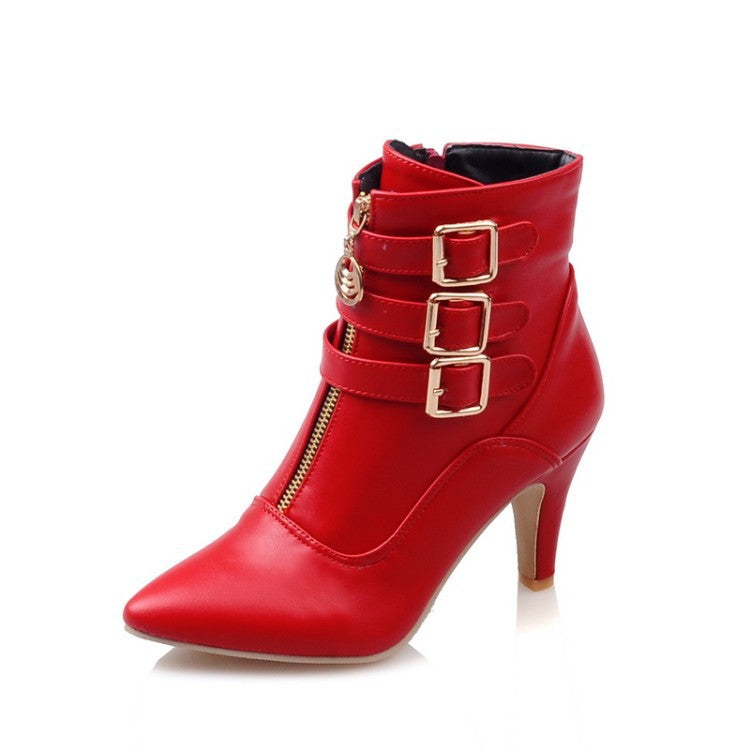 red leather gold buckle belt strap boots for women