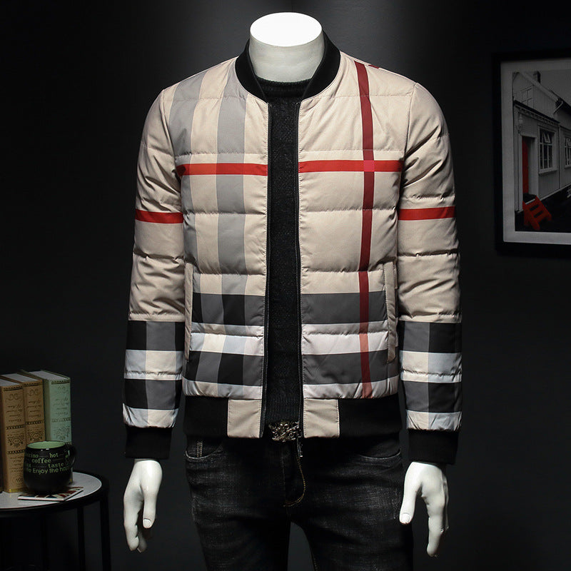 tan designer pattern puffer jacket