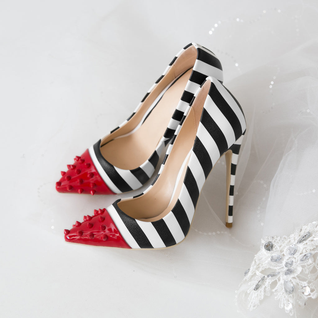 black white zebra red rivet toe high heels