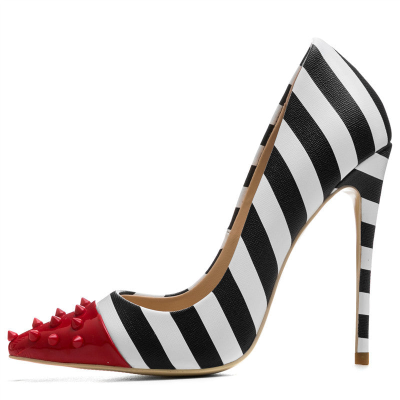 black white red toe riveted heels