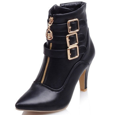 black leather gold buckle belt strap boots for women