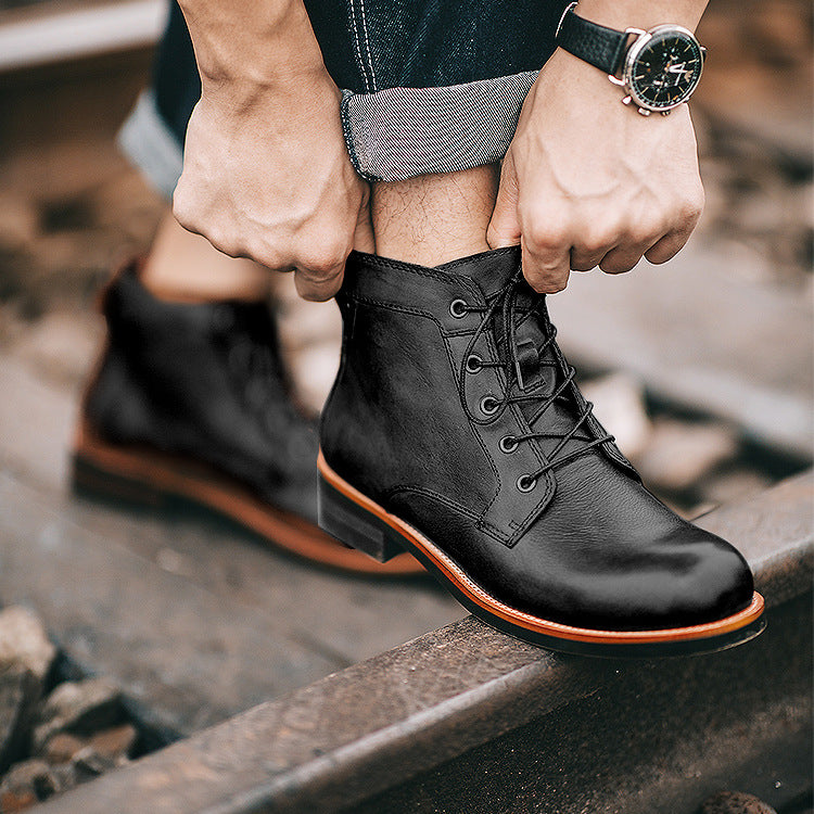 black leather railroad boots