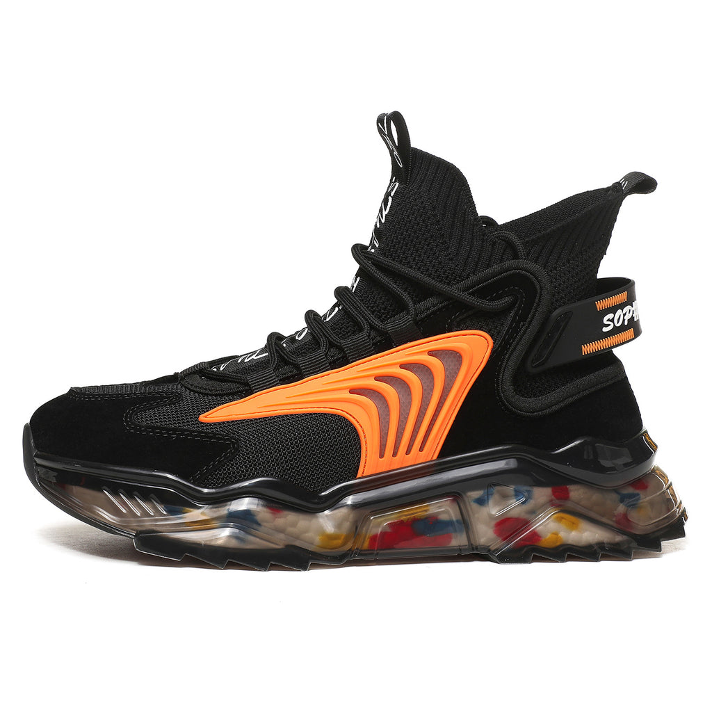 black and orange hip-hop sneakers