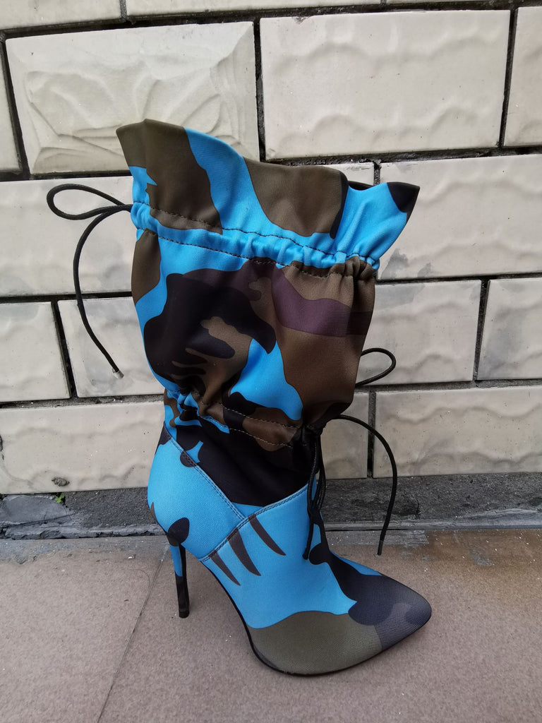turquoise blue camouflage high heel boots