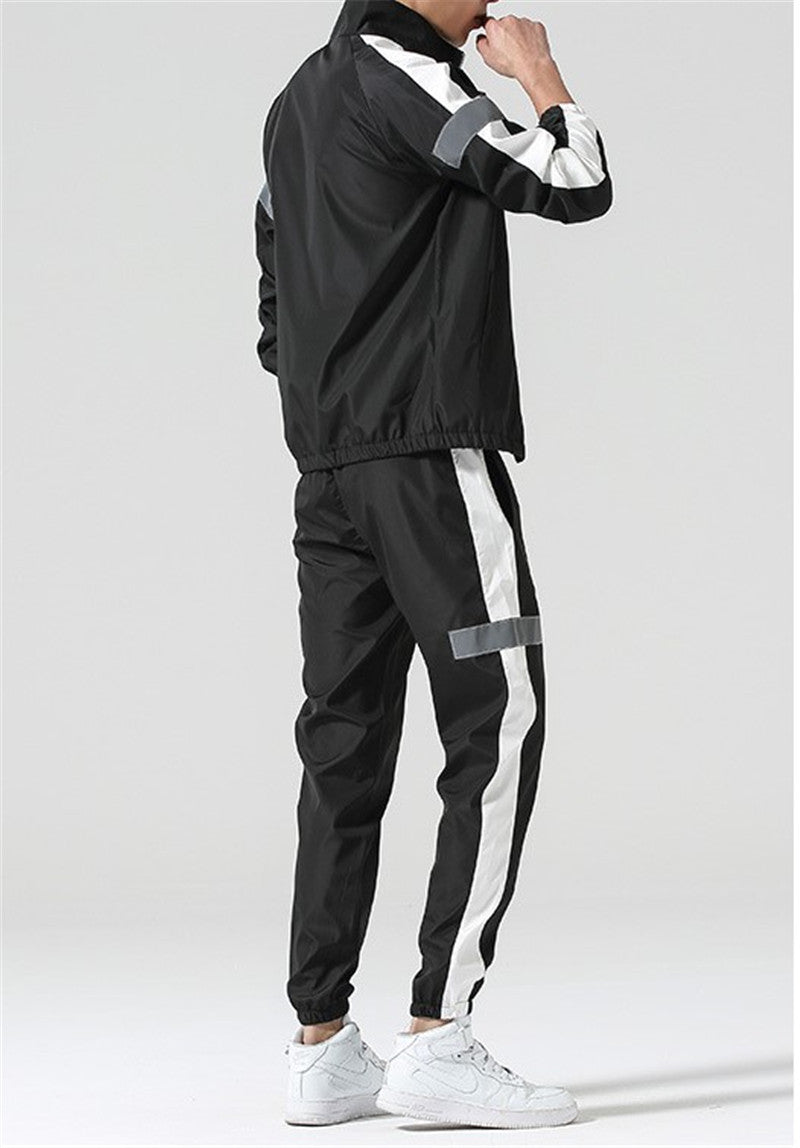 black reflective track suit white stripe