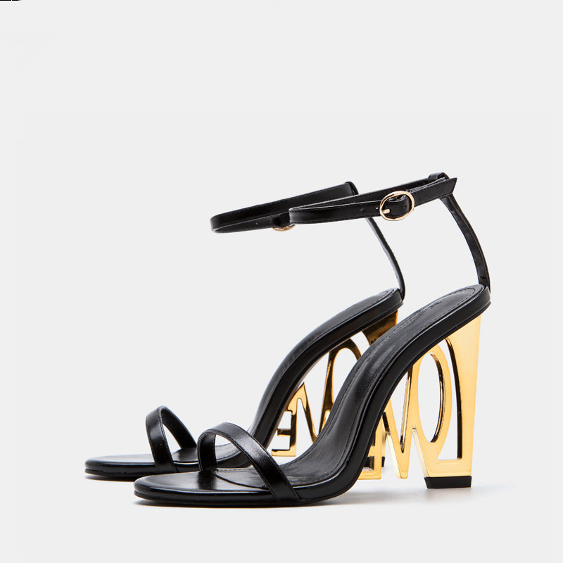black and gold love high heeled sandals