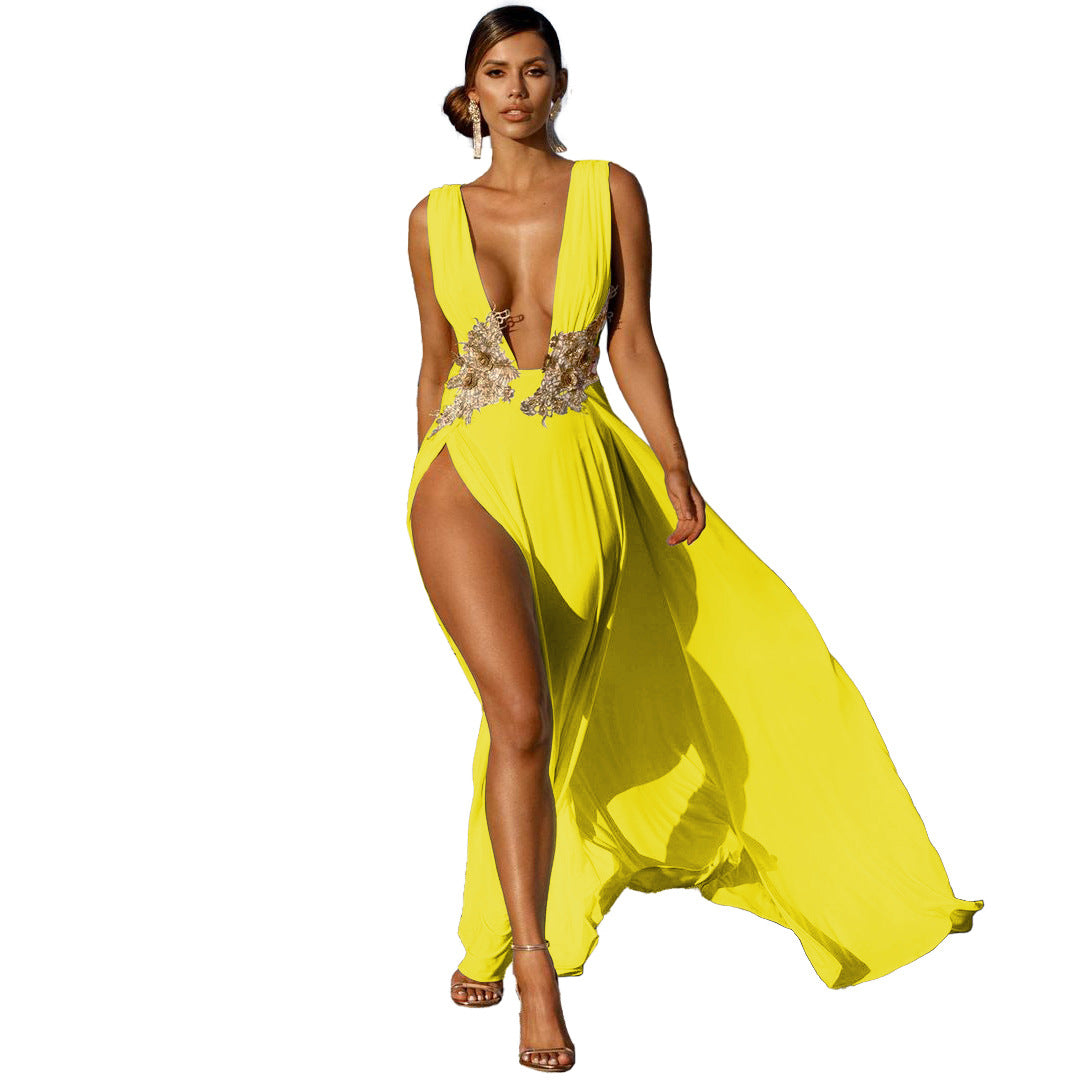 gold embellished goddess athena double thigh slit long yellow dress