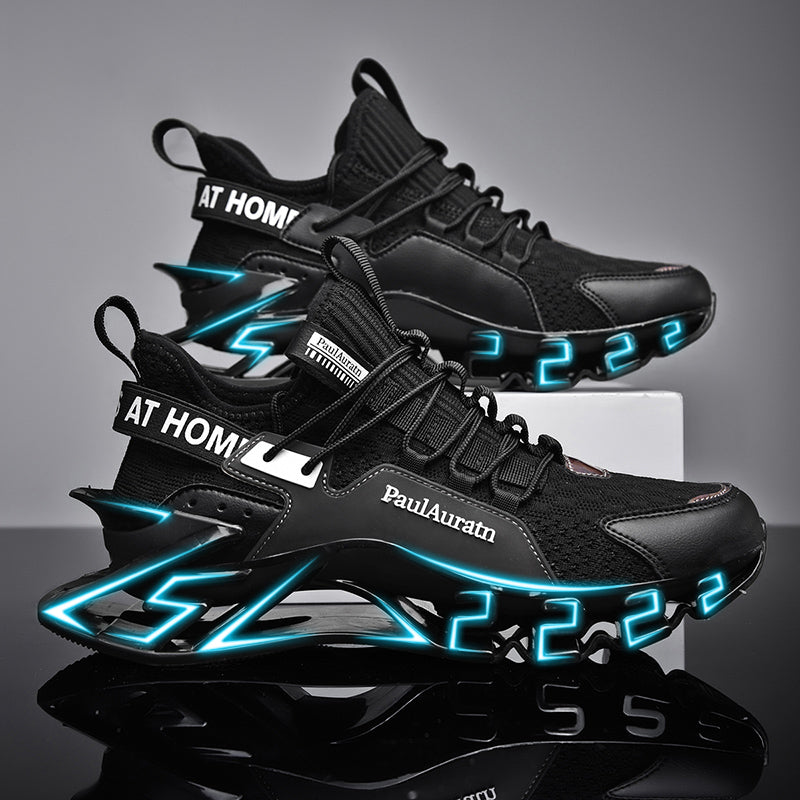 black and neon blue athletic running shoes
