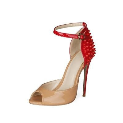 beige and red patent leather rivet peep toe high heels