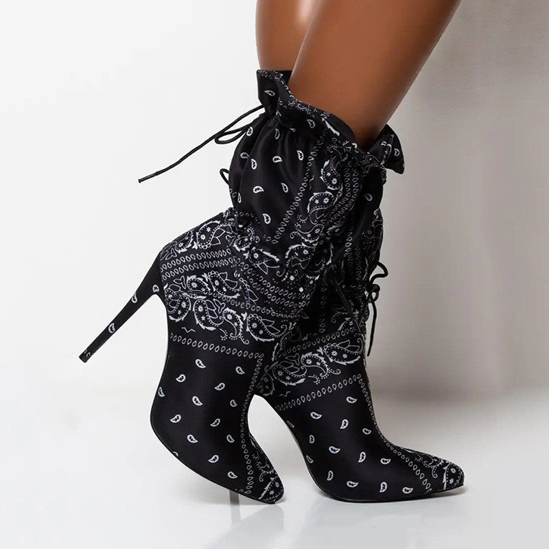 black paisley print high heel flag boots