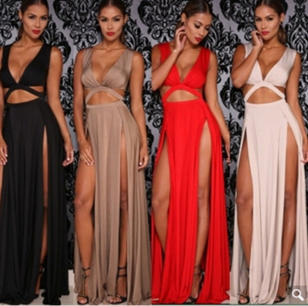 Deep V-Neck Navel Open Thigh Slit Long Dress Black / M Deep V-Neck Navel Open Thigh Slit Long Dress Black / M