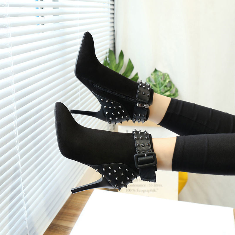 black rivet pumps with leather buckle