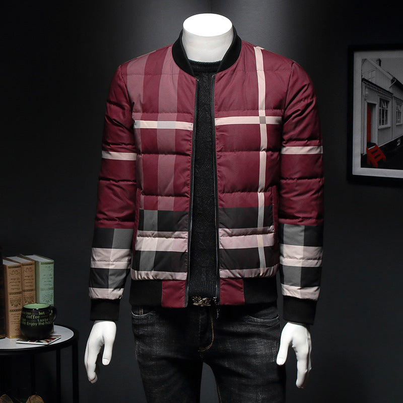 red designer pattern puffer jacket