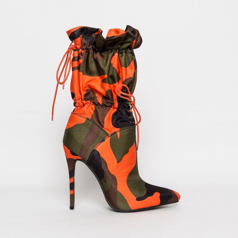 army green and orange camouflage women boots
