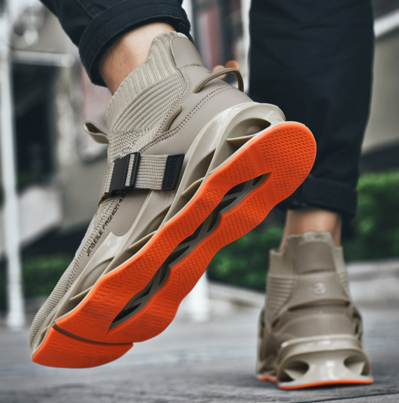 beige mesh & orange sole sneakers
