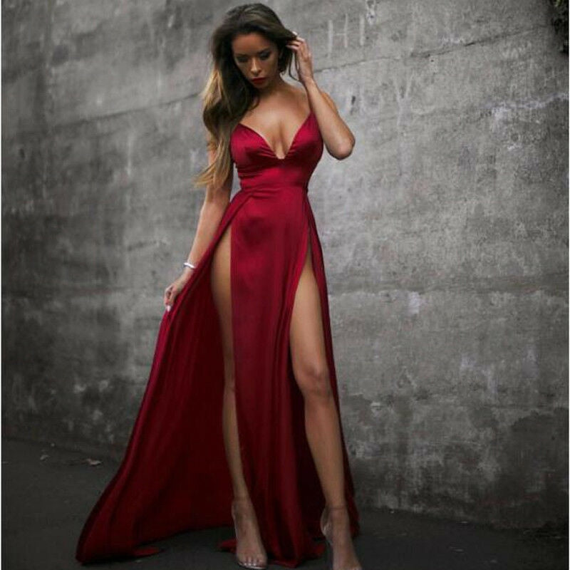 sexy red spaghetti strap thigh slit floor length dress