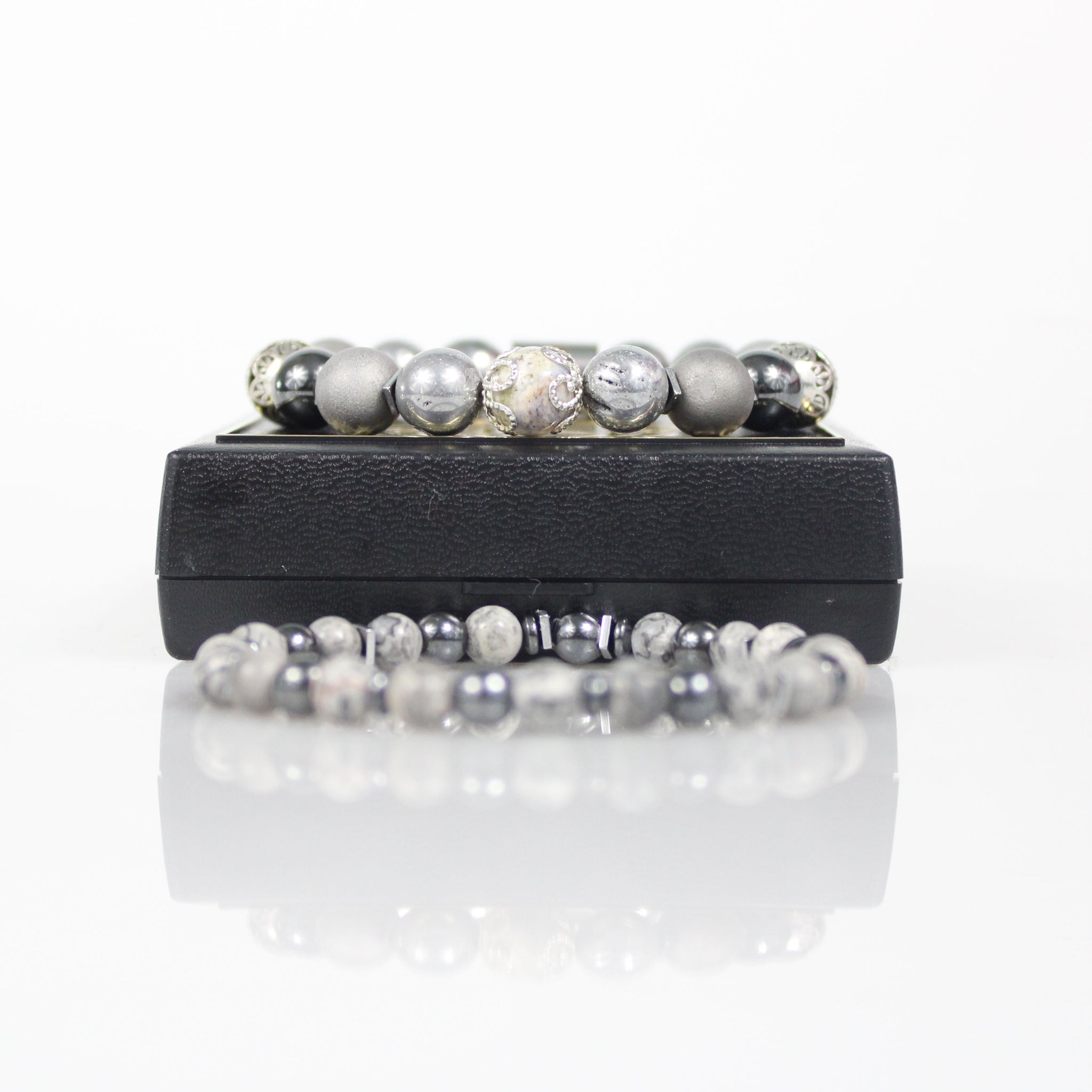 matte gray silver chunk hematite double bead bracelet set