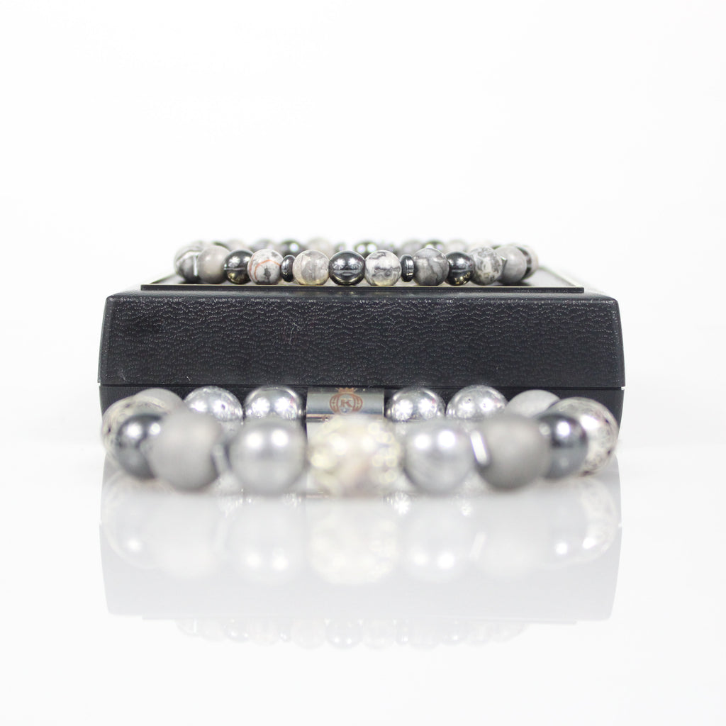 luxury signature matte gray silver chunk hematite double bead bracelet set