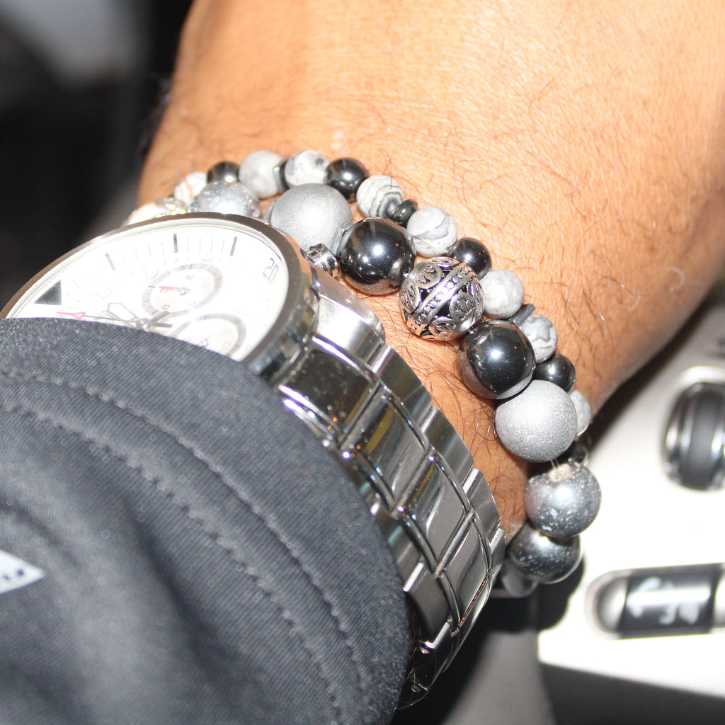 matte gray silver chunk hematite double bead bracelet set