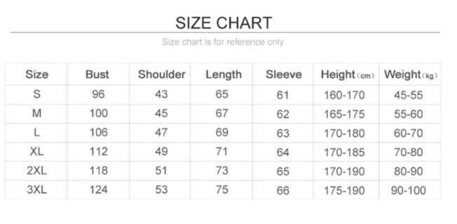 men's hoodie size chart