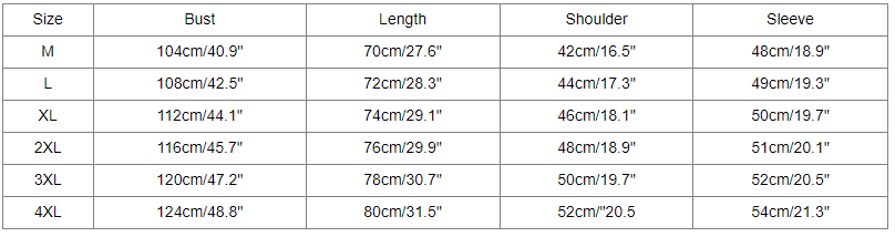 men's jacket size chart