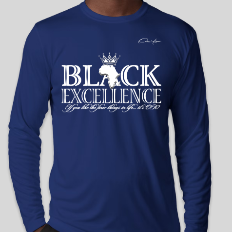 royal blue long sleeve black excellence shirt