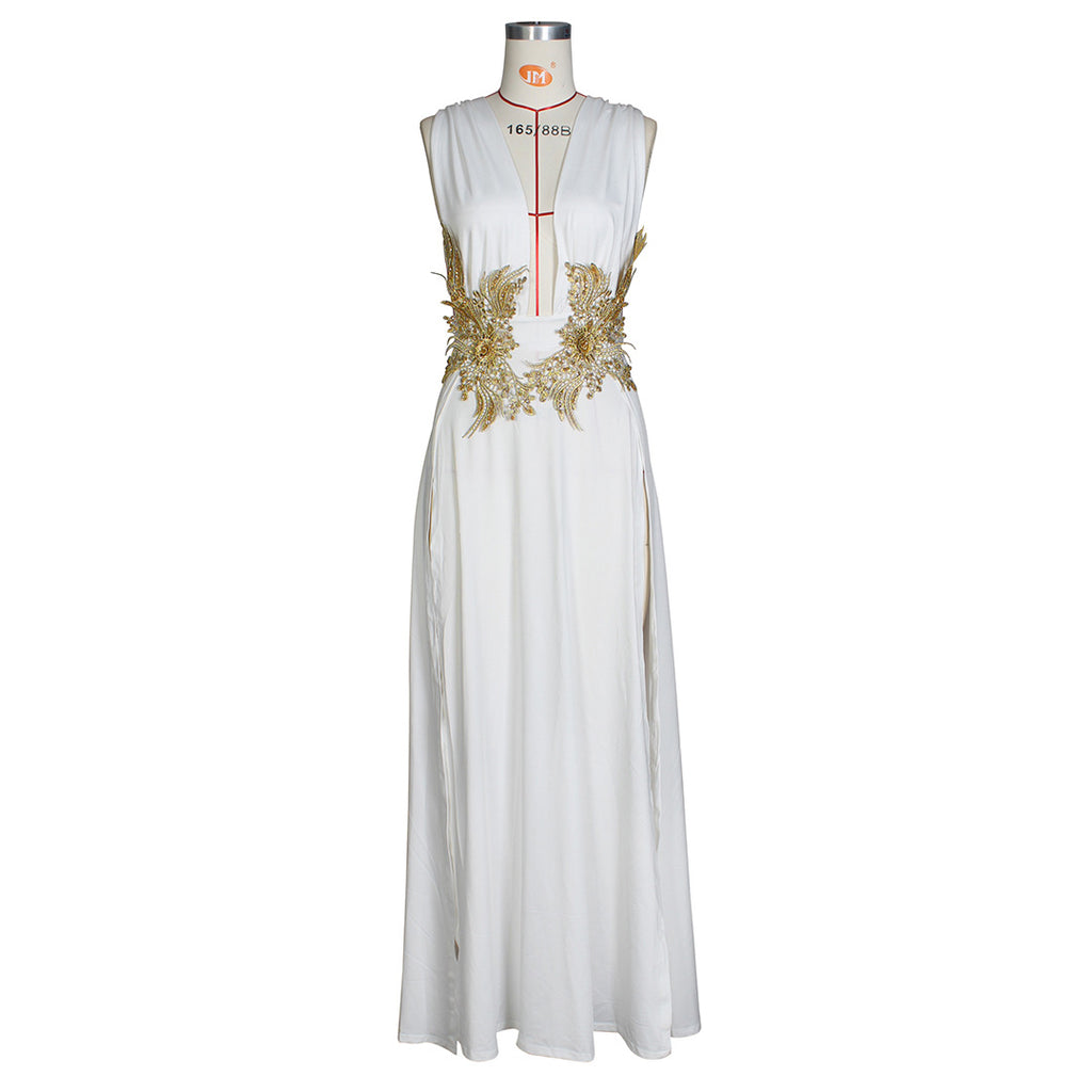 goddess athena gold flower belt long white dress