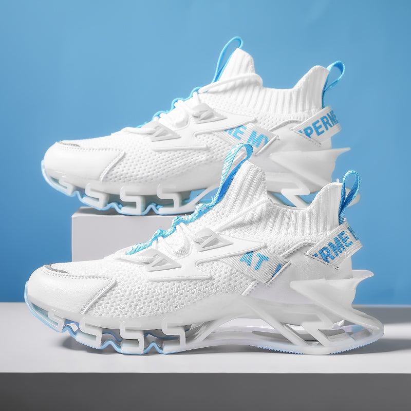 pure white and turquoise blue running shoes