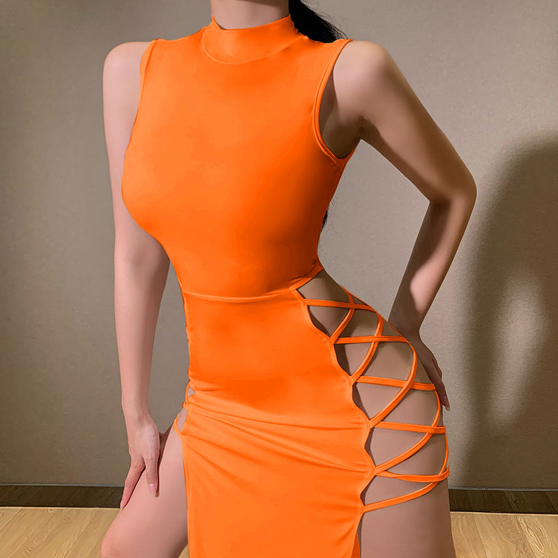 orange side lace thigh slit long dress