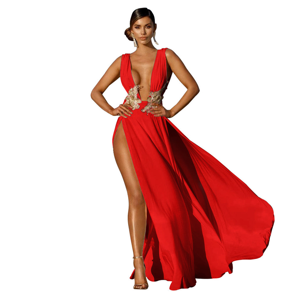 red goddess athena double thigh slit long dress