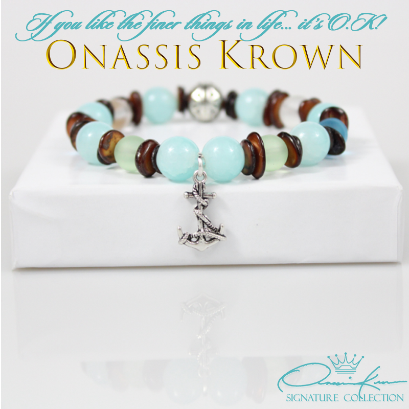 silver anchor charm aquamarine brown sea shell bead bracelet