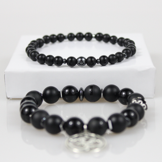 black onyx silver aum charm bracelet