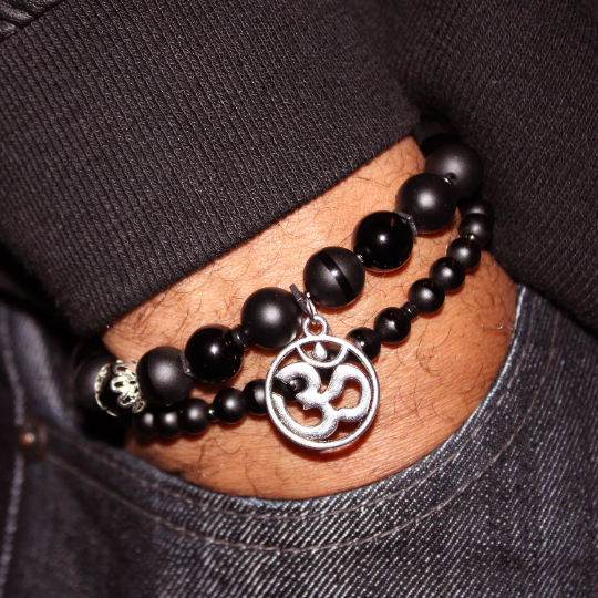 buddhist aum charm black bead bracelet set