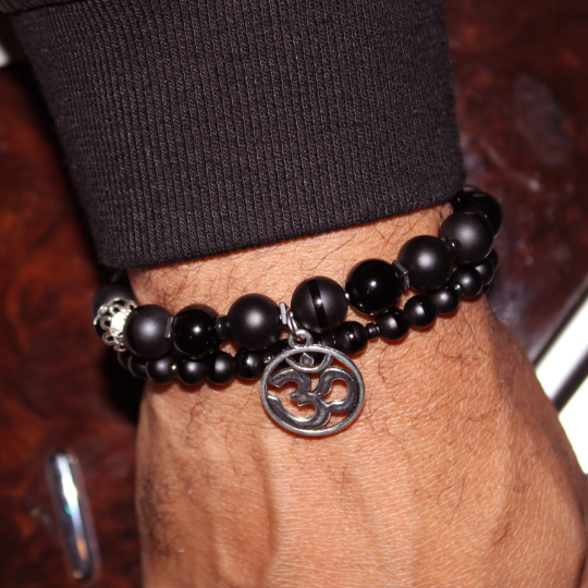 aum charm black bead double bracelet