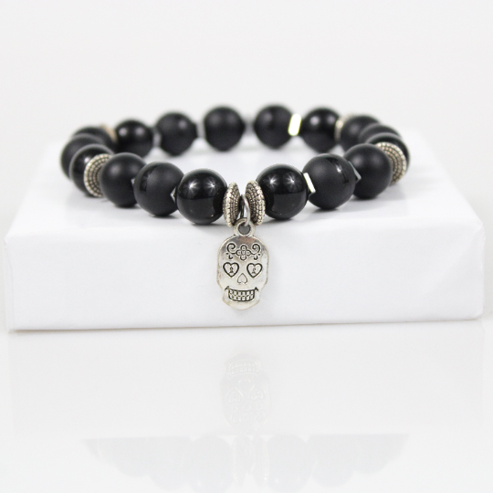 biker charm black onyx bead bracelet
