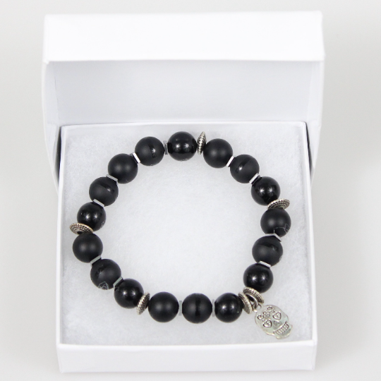 biker charm black onyx bead bracelet gift box