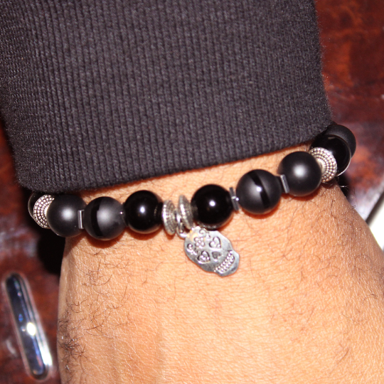 day of the dead charm black onyx bead bracelet