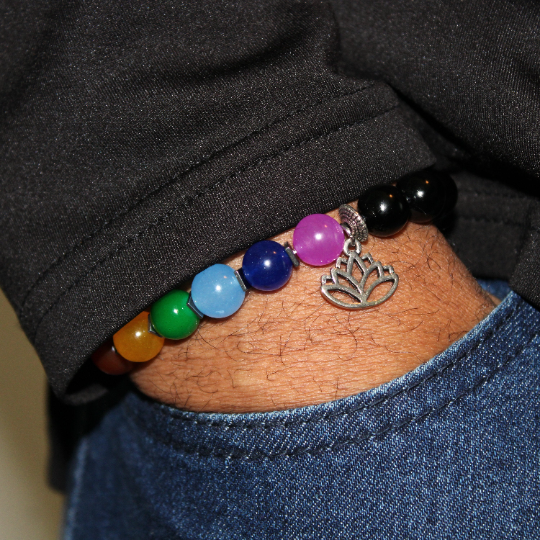 seven chakra gemstone bead bracelet with lotus flower charm