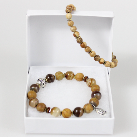 beige buddha charm picture jasper bead bracelet gift box