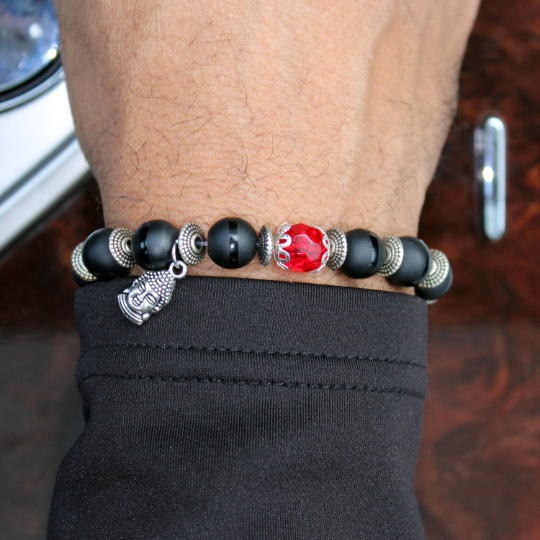 buddhist charm red jewel black onyx bracelet
