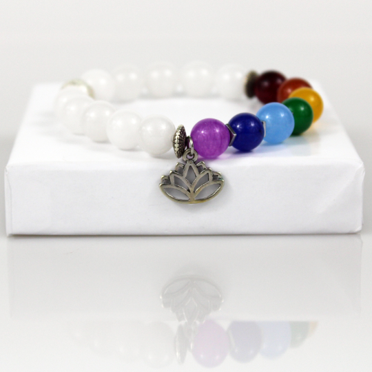 silver lotus yoga charm seven chakra white jade gemstone bead bracelet