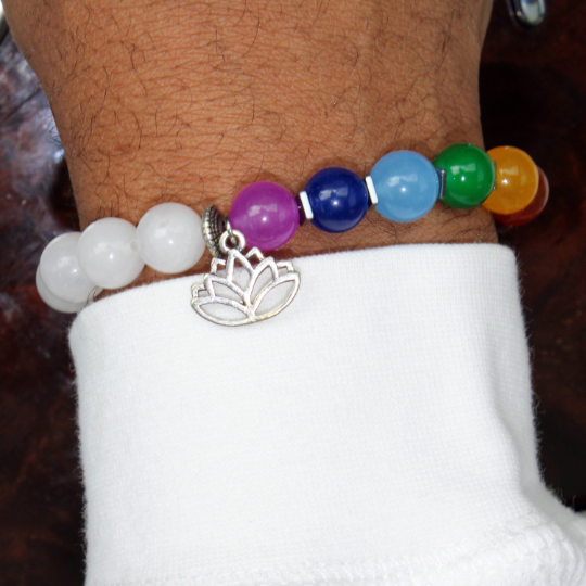 seven chakra bead bracelet on wrist