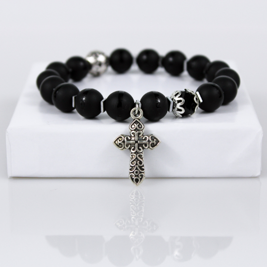 black onyx silver christian cross charm bead bracelet