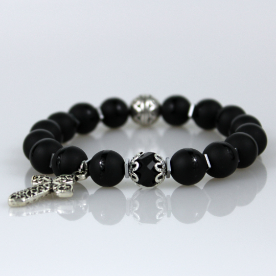 black onyx silver christian cross charm bracelet