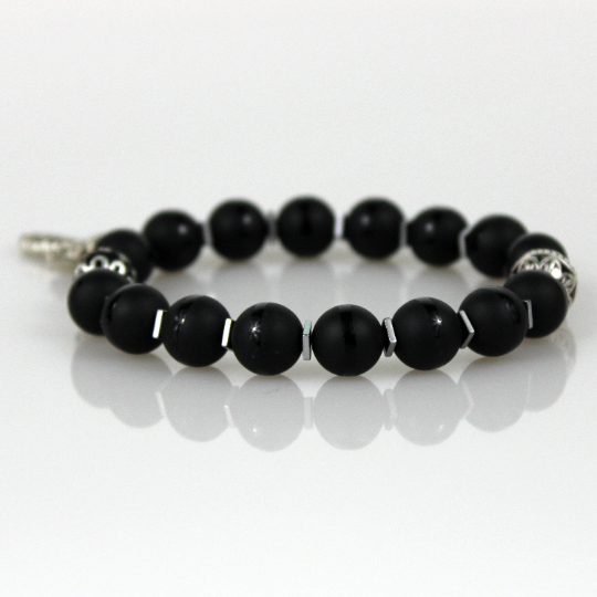matte black onyx silver christian cross charm bead bracelet